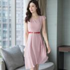Short-sleeve Embellished A-line Chiffon Dress