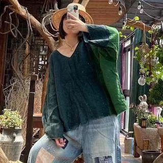 Two-tone Linen Blouse Dark Green & Green - One Size