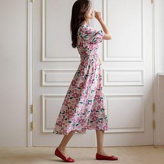 Smocked-trim Floral Long Dress
