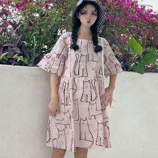 Cat Print Elbow Sleeve Dress