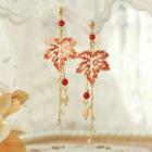 Leaf Faux Pearl Fringed Earring 1 Pair - Silver Needle - Red - One Size