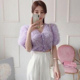 Puff-sleeve Rosette Cropped Cardigan