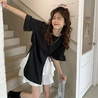 Elbow-sleeve Tie-waist T-shirt / Tiered Mini Skirt