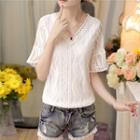 Elbow Sleeve V-neck Lace Top