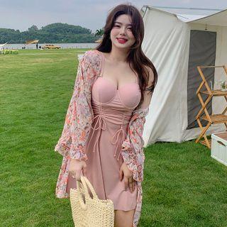 Set: Drawstring Swimdress + Shorts + Floral Print Cover-up