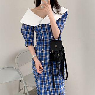 Plaid Short-sleeve Midi Sheath Dress