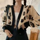 Leopard Print Cropped Knit Cardigan As Shown In Figure - One Size