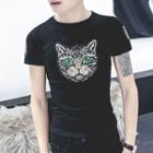 Cat Sequined Short Sleeve T-shirt