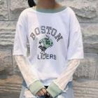 Letter Mesh Panel Mock Two-piece T-shirt