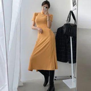 Turtle-neck Short-sleeve Long Dress