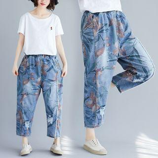 Flower Print Cropped Harem Jeans