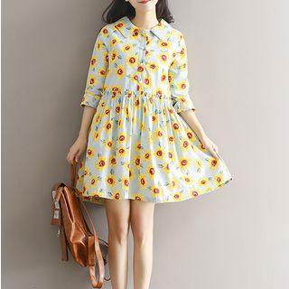 Floral Print 3/4 Sleeve Collared Dress