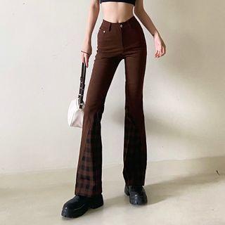 Plaid Panel High Waist Bootcut Pants