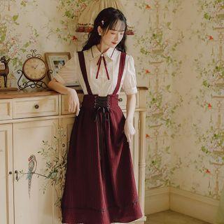Set: Short-sleeve Tie-neck Blouse + Lace-up Midi A-line Suspender Skirt