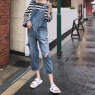 Cropped Cut Out Dungaree / Off-shoulder Long-sleeve Striped Top