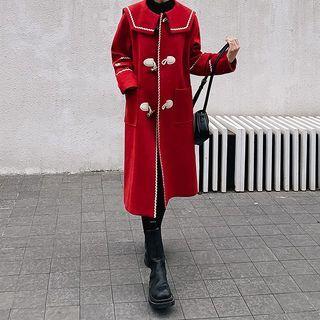 Long-sleeve Contrast Trim Woolen Toggle Coat