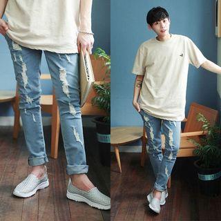 Drawstring-waist Distressed Tapered Jeans