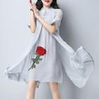 Rose Embroidered Elbow-sleeve Mock Two-piece Dress