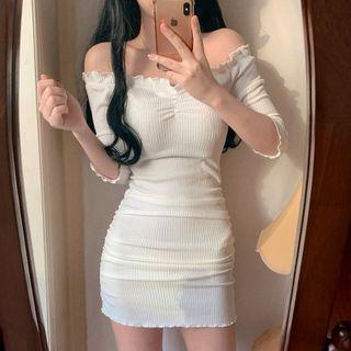 Off Shoulder Ruffled-trim Ribbed Knit Mini Bodycon Dress