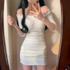Off Shoulder Ruffled-trim Ribbed Knit Mini Bodycon Dress