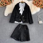 Set: Double Breasted Tweed Blazer + High Waist Shorts + Bow Neck Shirt