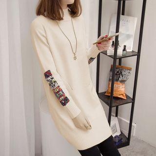 Long-sleeve Mock-neck Patterned Panel Knit Dress