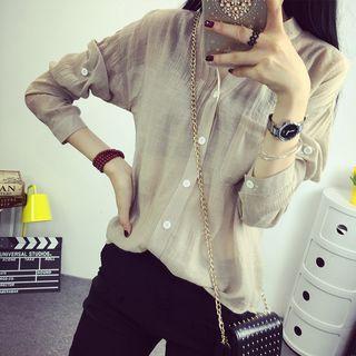 Long Sleeve Stand Collar Pocketed Shirt