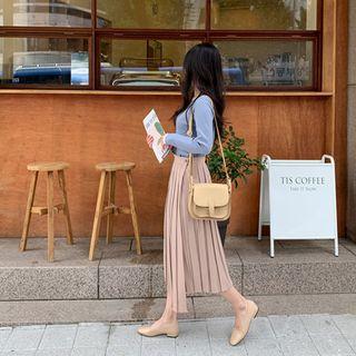 Adjustable-waist Pleated Long Wrap Skirt Beige - One Size