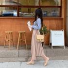 Adjustable-waist Pleated Long Wrap Skirt Beige - One Size