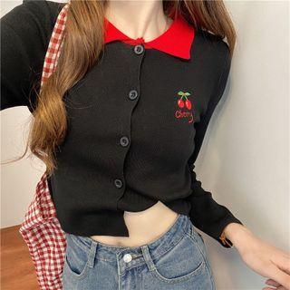 Cherry Embroidered Button-up Knit Top