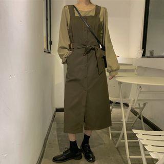 Balloon-sleeve Blouse / Midi A-line Overall Dress