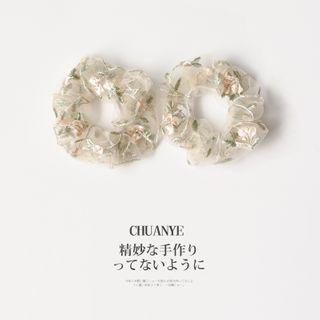 Floral Embroidered Scrunchie 01 - Khaki - One Size