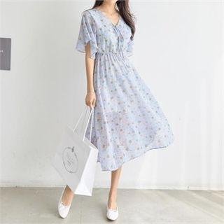 Tie-neck Floral Chiffon Midi Dress