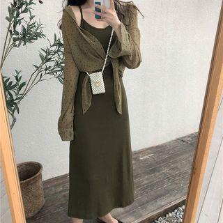 Spaghetti Strap Midi Dress / Long-sleeve Dotted Shirt