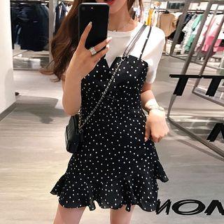 Set: Short-sleeve T-shirt + Spaghetti-strap Dotted Dress