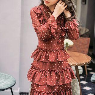 Dotted Long-sleeve Ruffled A-line Dress