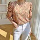 Shirred-sleeve Floral Print Blouse