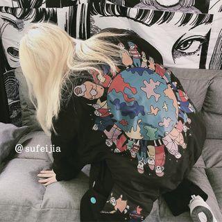 Cartoon Print Button-up Jacket Black - One Size
