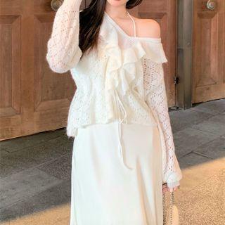 Long-sleeve Ruffled Knit Top / Midi Slipdress