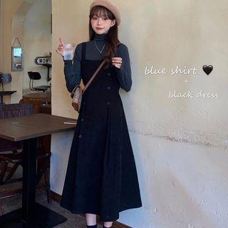 Turtleneck Knit Top / Double Breast Corduroy Jumper Dress