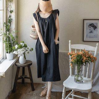 Flutter-sleeve Shirred Long Dress