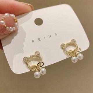 Rhinestone Bear Ear Stud G2-3-5 - 1 Pair - Gold & White - One Size