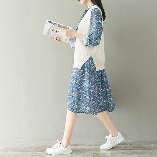 Set: Long-sleeve Bow-accent Printed Dress + Knit Vest
