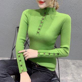 Long-sleeve Mock-neck Button-detail Knit Top