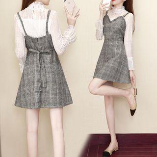 Set: Long-sleeve Lace Top + Spaghetti Strap Plaid A-line Mini Dress