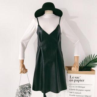 Set: Plain Long-sleeve T-shirt + Faux Leather Pinafore Dress