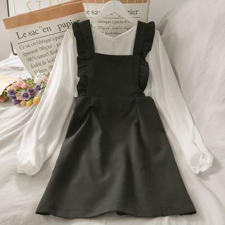 Set: Puff-sleeve Chiffon Loose Top + Ruffled Jumper Dress