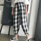 Set: Elbow-sleeve Comic Print T-shirt + Plaid Harem Pants