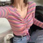 Drawstring Striped Long-sleeve Top Pink - One Size