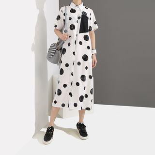 Short-sleeve Polka Dot Midi Shirt Dress